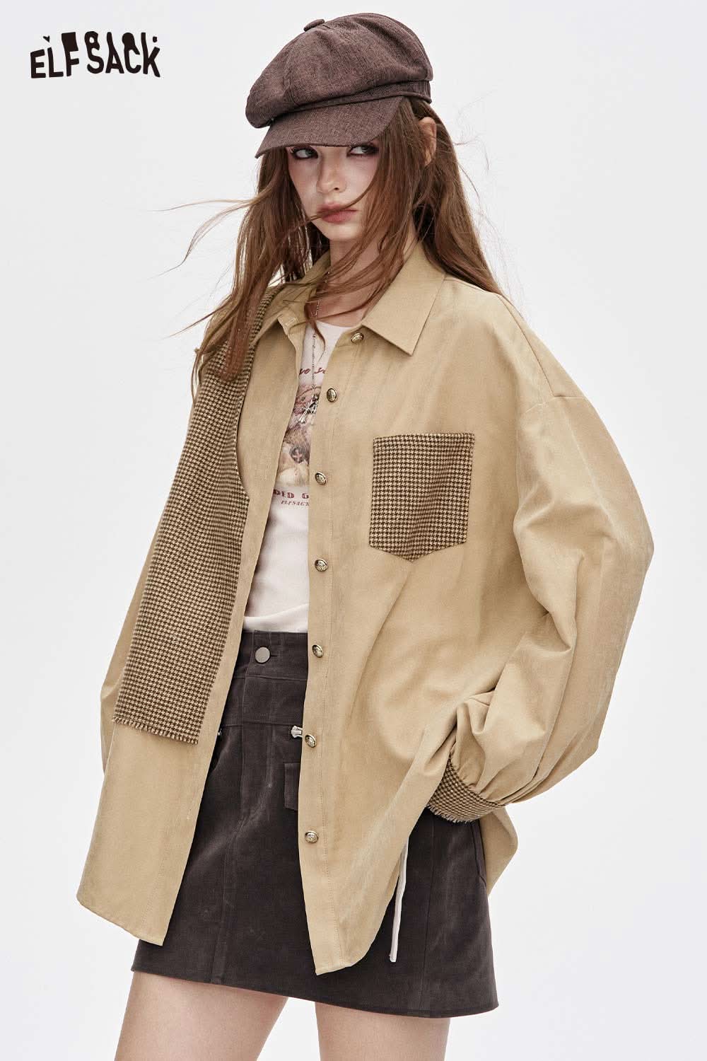 ELFSACK contrast panel oversized shirt in beige with stylish pocket and relaxed fit for casual wear
