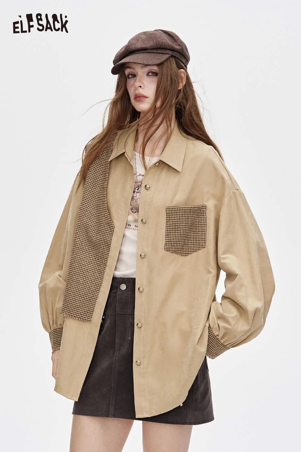 ELFSACK contrast panel oversized shirt in beige with a stylish pocket design and relaxed fit