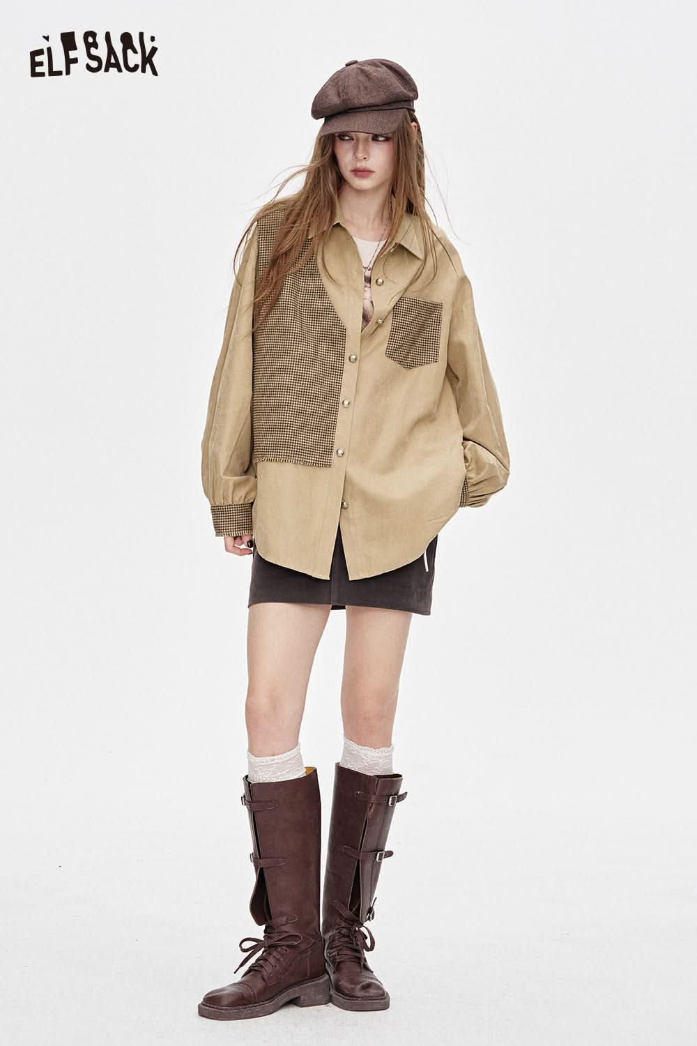 ELFSACK contrast panel oversized shirt in beige with a pocket, perfect for casual stylish looks