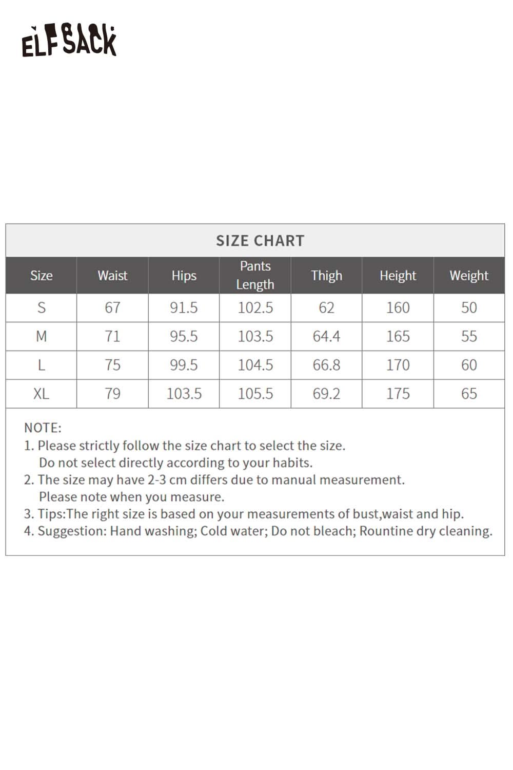 Size chart for ELFSACK contrast stripe dark wash jeans with measurements for waist, thigh, and length