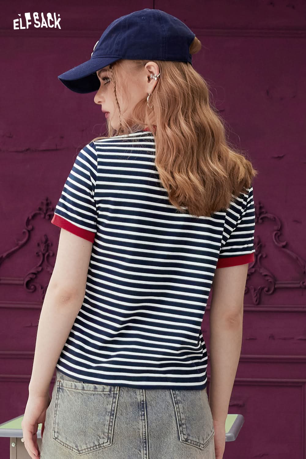 ELFSACK women's casual T-shirt with navy and white Contrasting Stripe pattern and red sleeve cuffs
