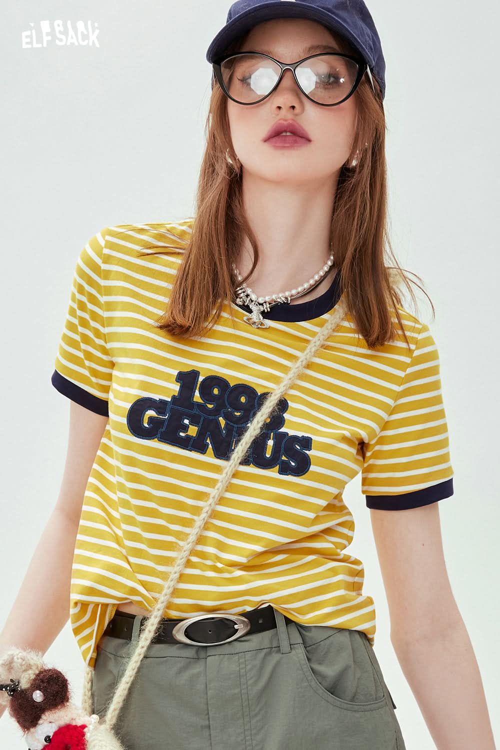 ELFSACK yellow and white striped T-shirt with contrasting stripe details and 1997 genius print