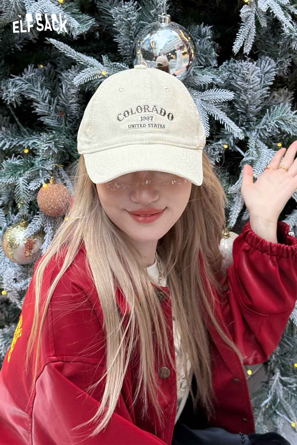 ELFSACK corduroy baseball cap for women featuring Colorado text design in a stylish light color
