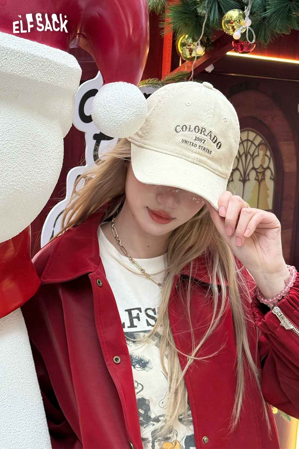 ELFSACK corduroy baseball cap for women embroidered with Colorado design in soft beige color