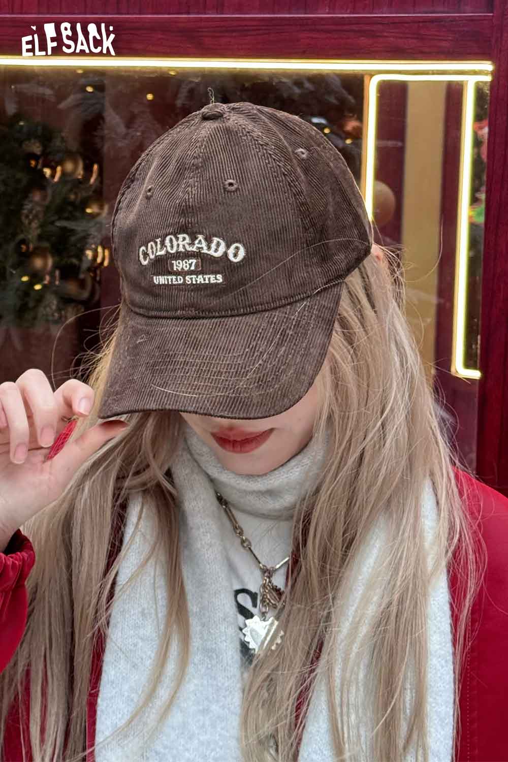 Brown corduroy baseball cap for women featuring Colorado embroidered design, perfect for casual wear