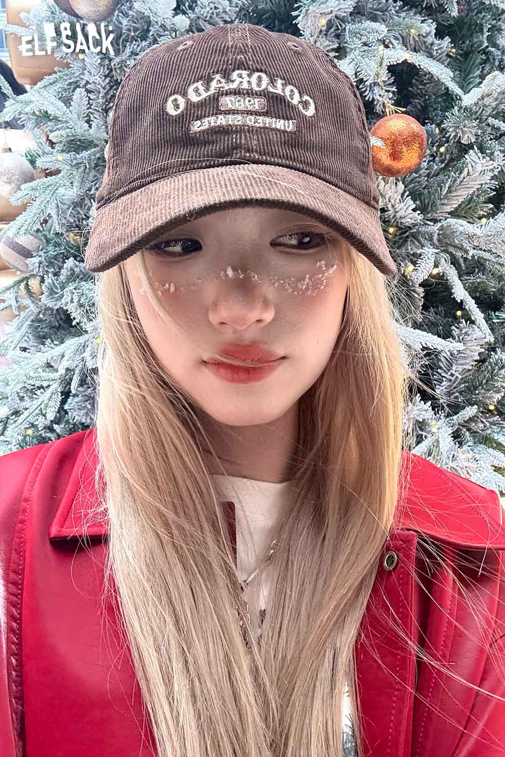 ELFSACK corduroy baseball cap for women in brown with a Colorado graphic and casual style