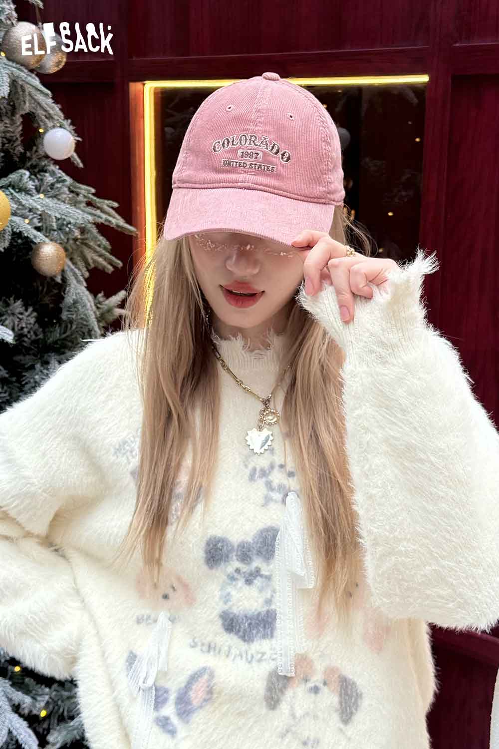 ELFSACK pink corduroy baseball cap for women featuring embroidered details and a relaxed fit