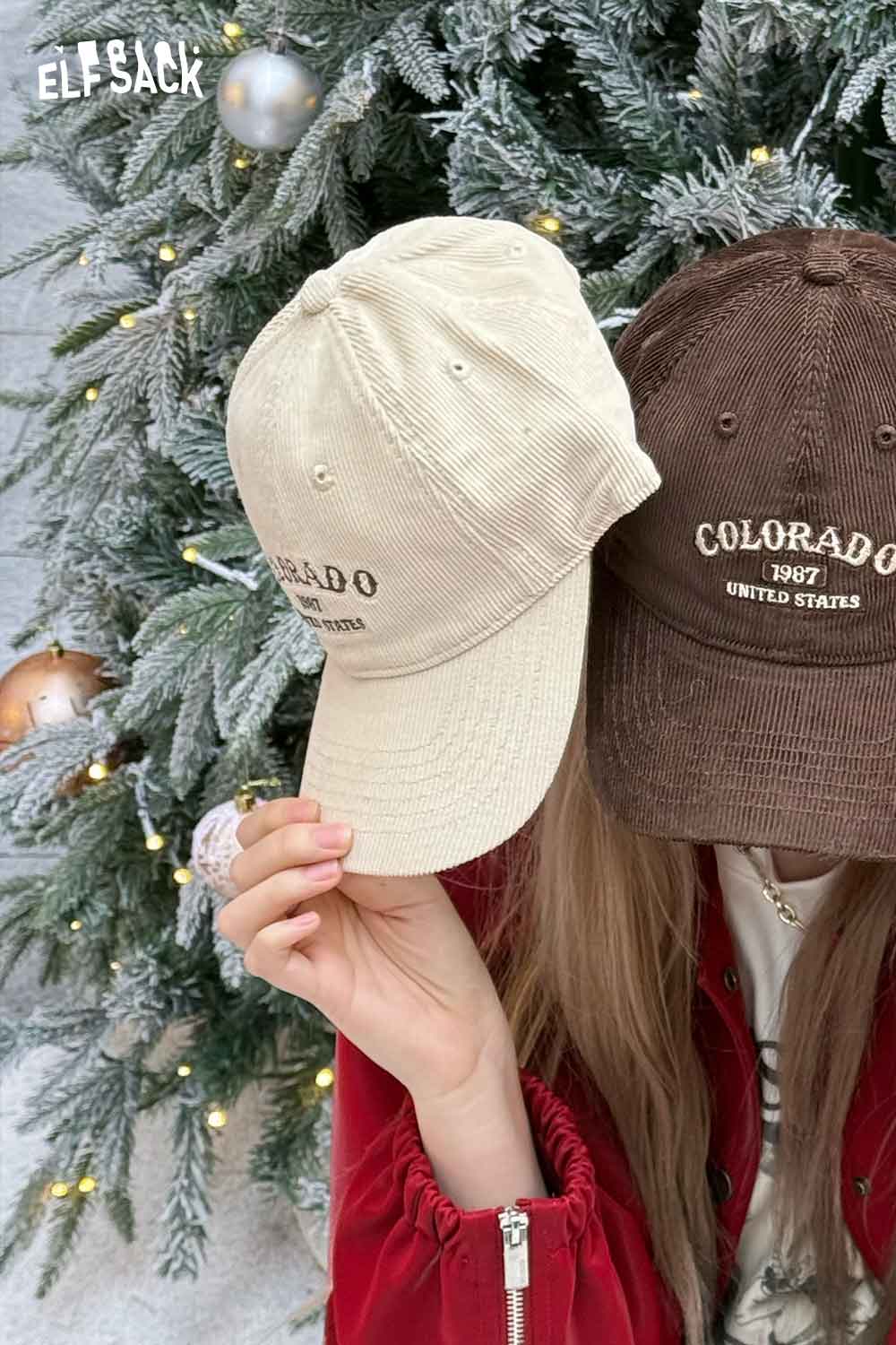 ELFSACK corduroy baseball cap for women in beige and brown with Colorado embroidery