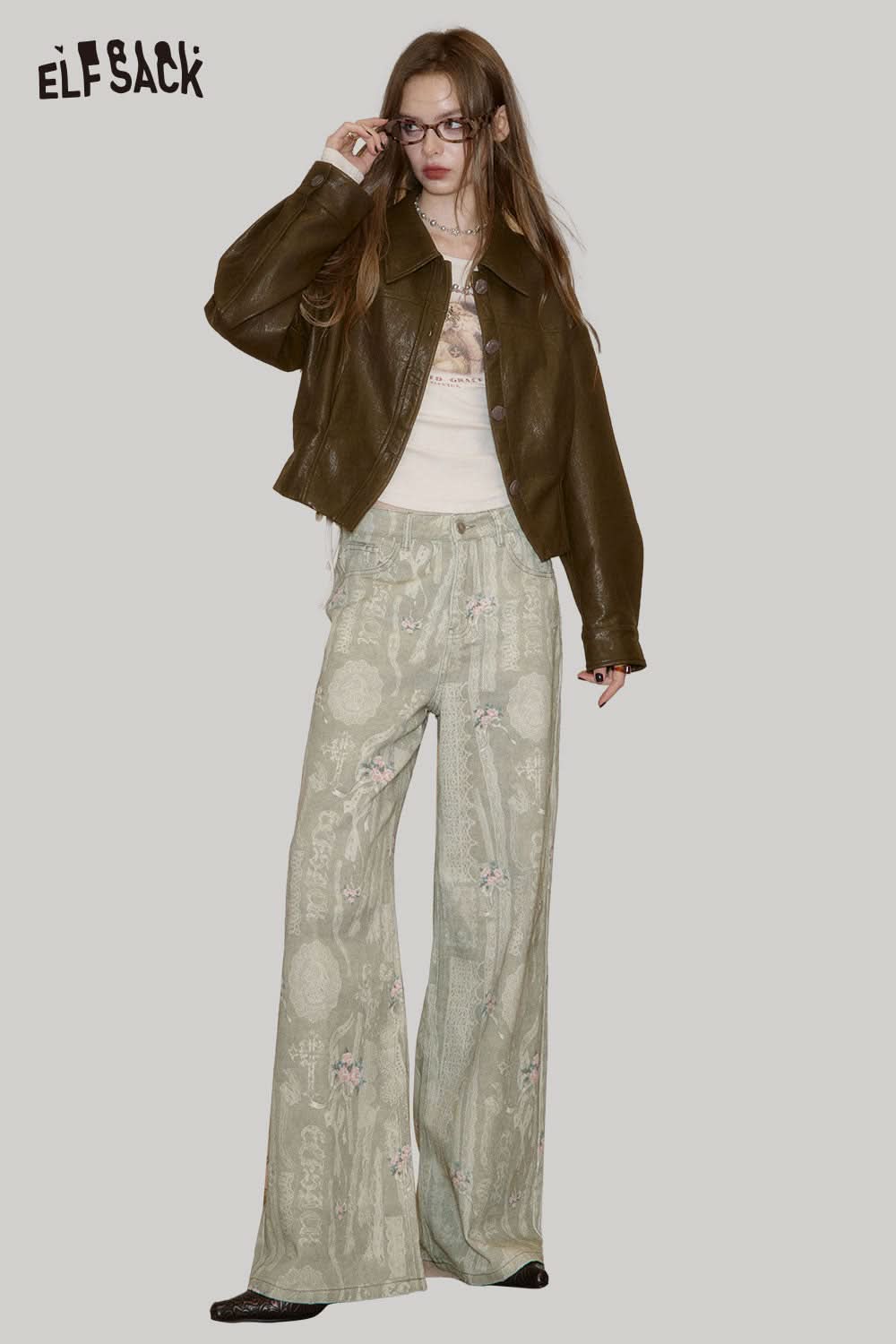 ELFSACK cotton allover print jeans for women in light green with a stylish fit and casual design