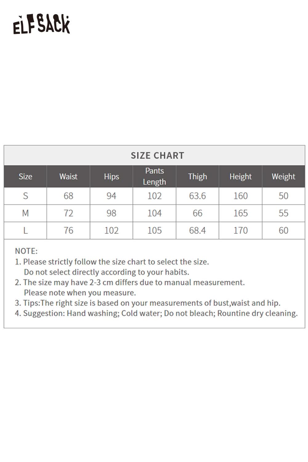 Size chart for ELFSACK cotton allover print jeans for women with measurements for waist, hips, and length