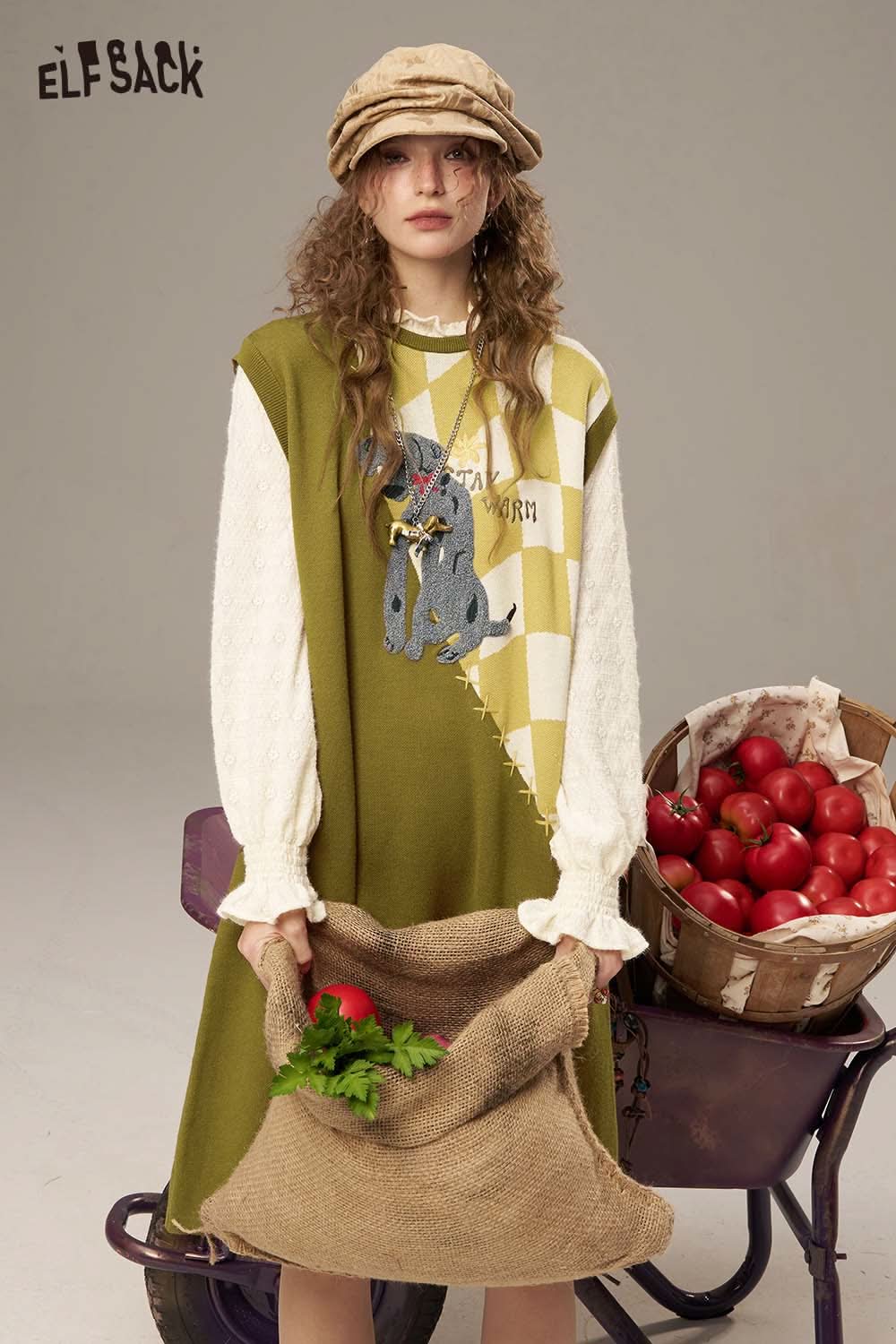 ELFSACK canine motif embroidered dress with a unique patchwork design and long sleeves