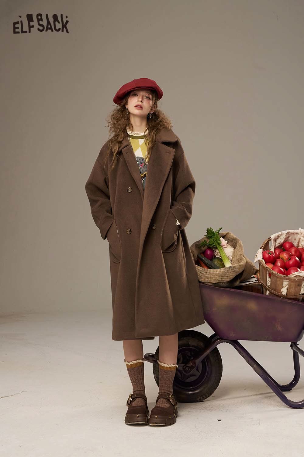 ELFSACK canine motif embroidered dress in a stylish brown design perfect for casual wear