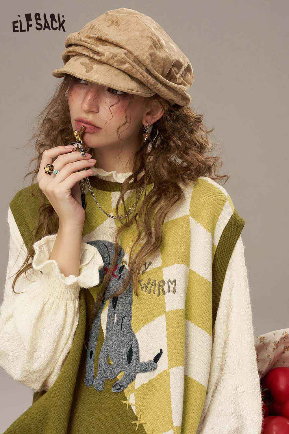 ELFSACK canine motif embroidered dress featuring a playful dog design and cozy sweater style