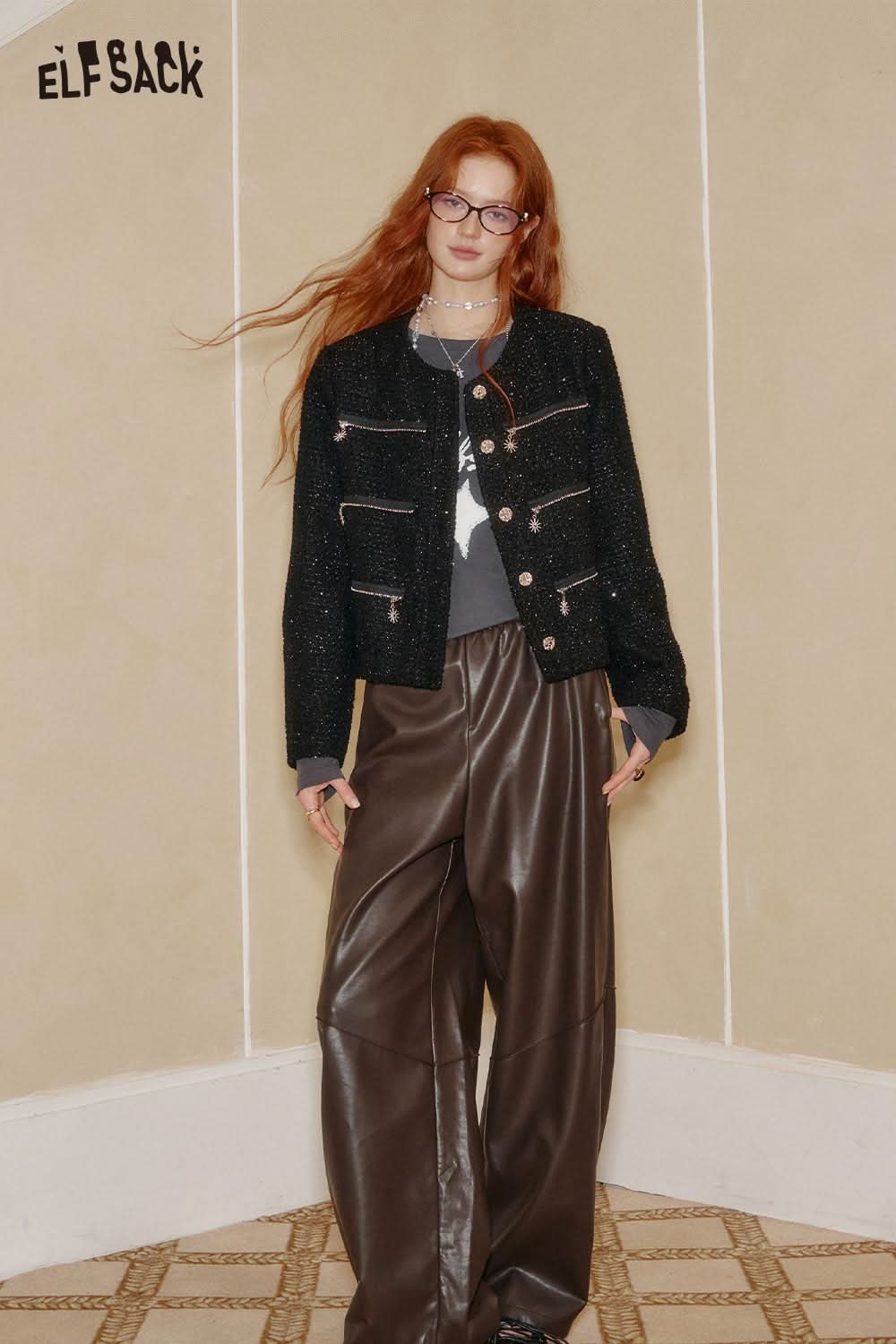ELFSACK Constellation Stitch Slim Fit Tee paired with a stylish jacket and leather pants