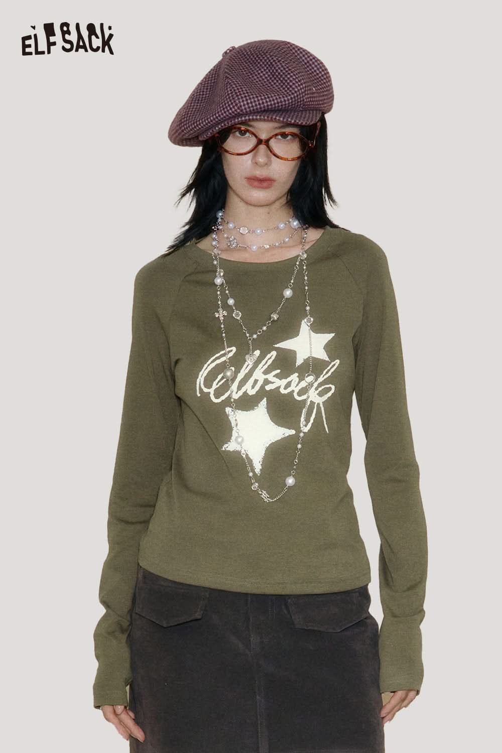 ELFSACK constellation stitch slim fit tee in olive green with star design and stylish long sleeves