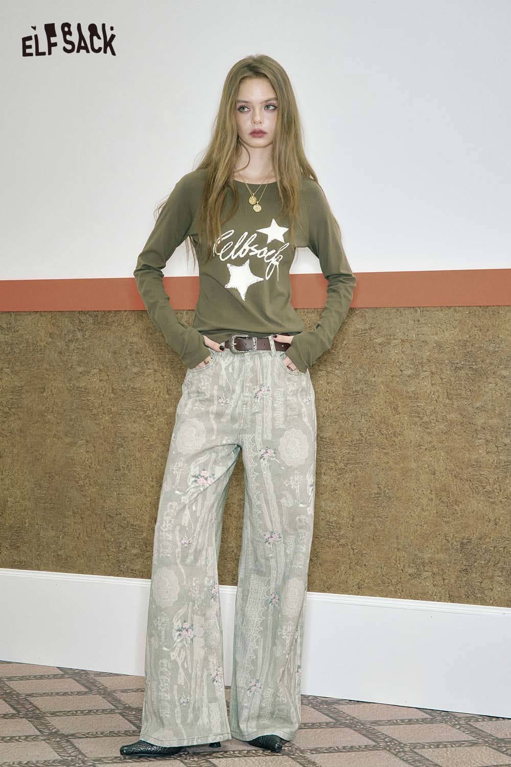 ELFSACK constellation stitch slim fit tee in olive green paired with high-waisted patterned pants