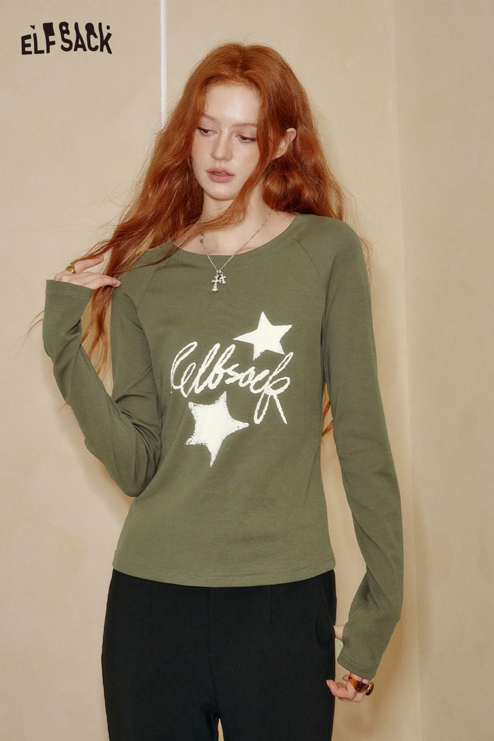ELFSACK constellation stitch slim fit tee in olive green with star graphic design