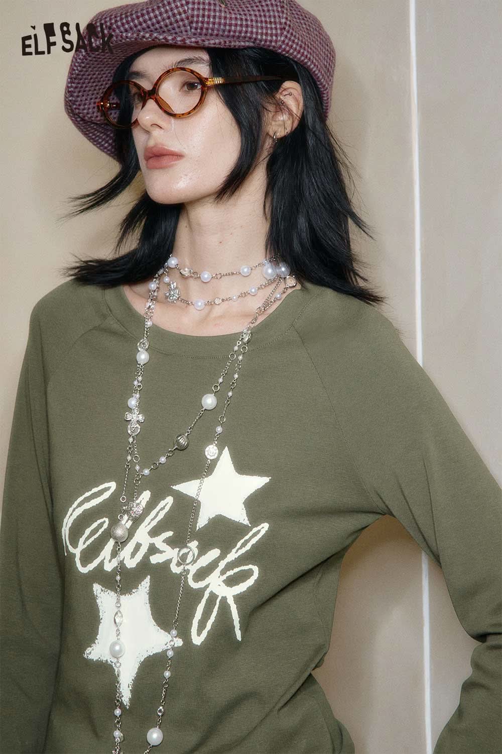ELFSACK constellation stitch slim fit tee in olive green with stylish star design and relaxed fit