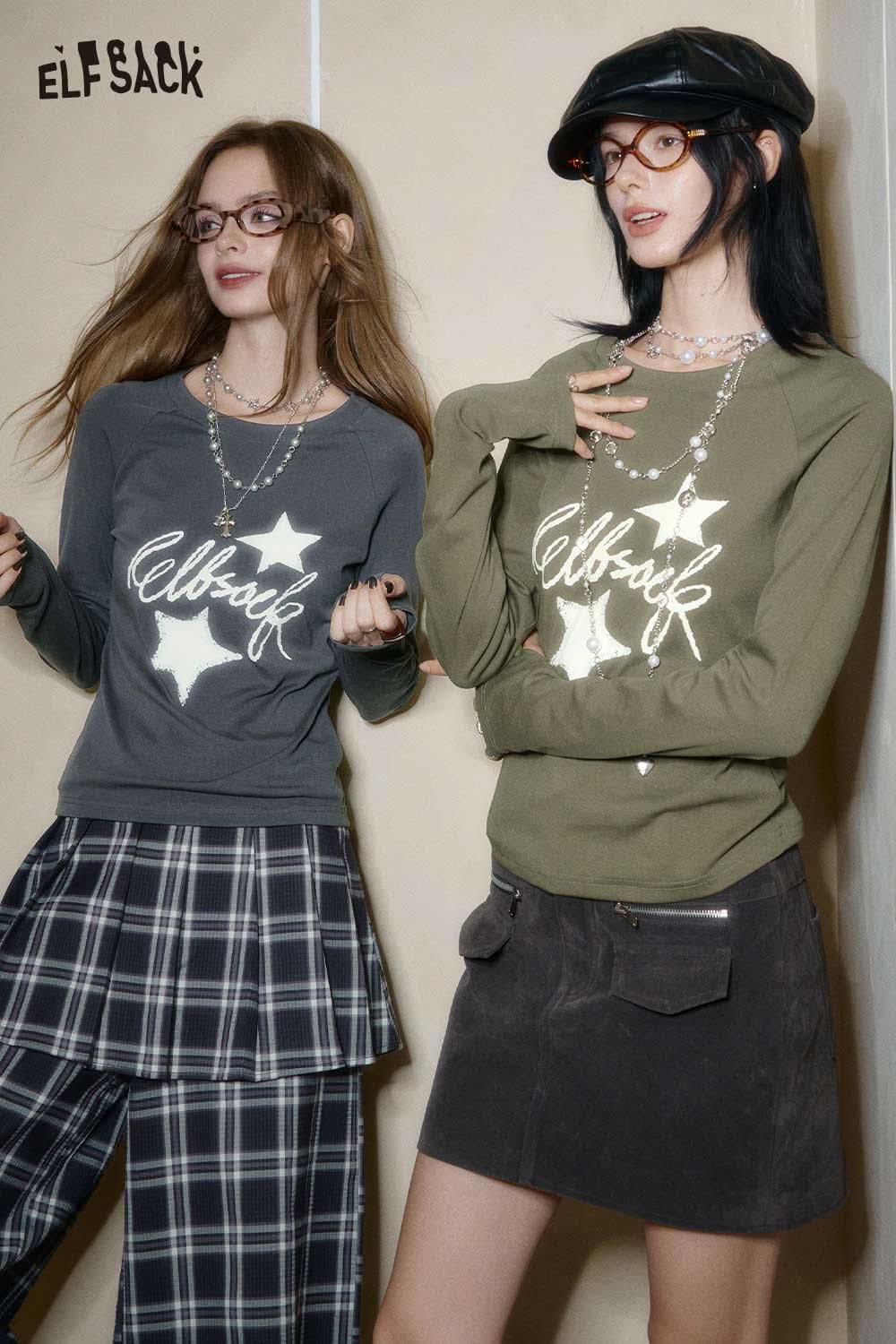 ELFSACK constellation stitch slim fit tee in gray and olive green, styled with plaid skirts and accessories
