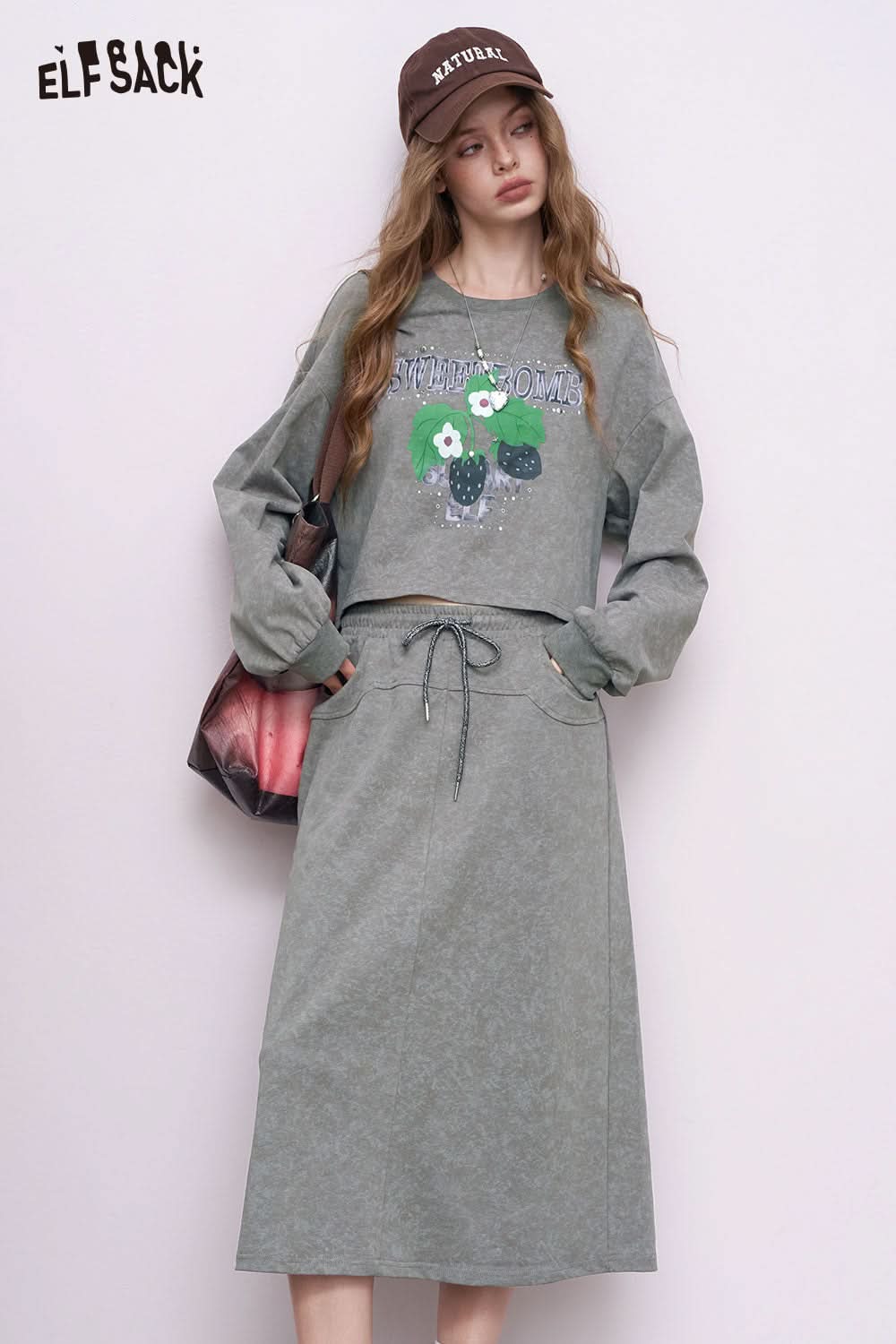 ELFSACK embroidered hoodie dress set in muted green with floral embroidery and drawstring waist
