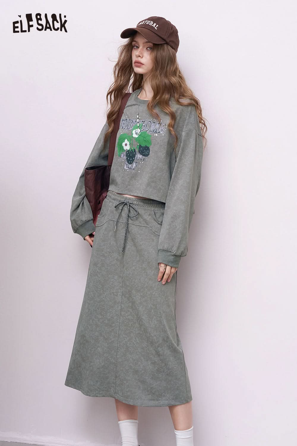 ELFSACK embroidered hoodie dress set washed sage green cropped floral hoodie with drawstring midi skirt