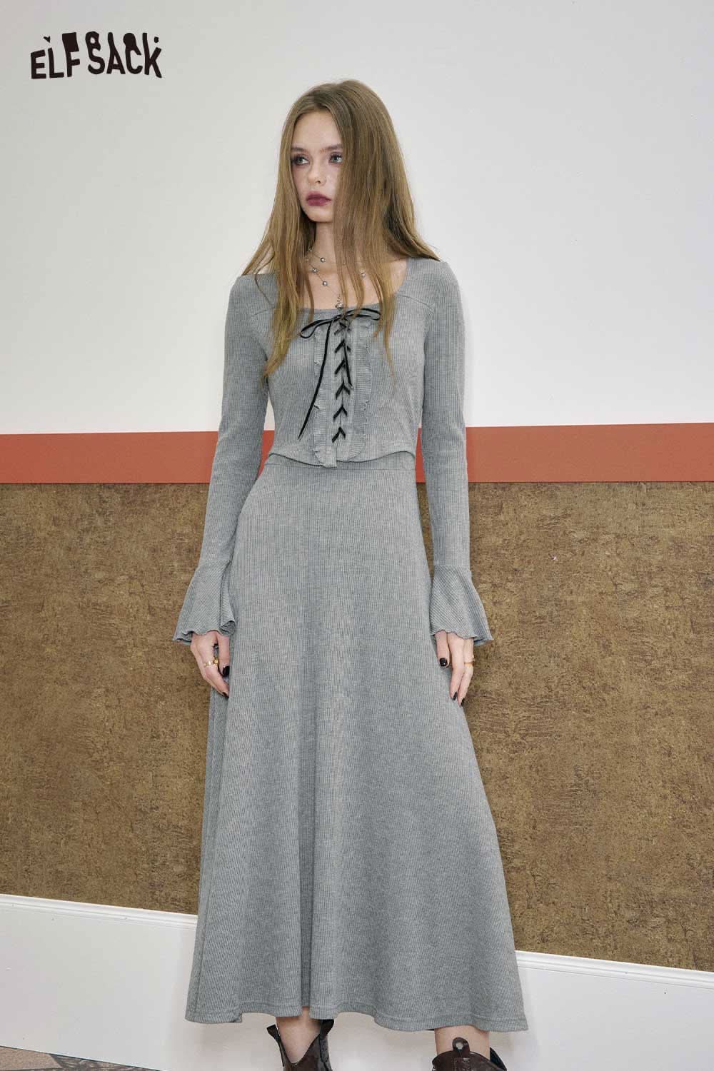 ELFSACK cotton blend square neckline maxi dress in gray with long sleeves and lace-up detail