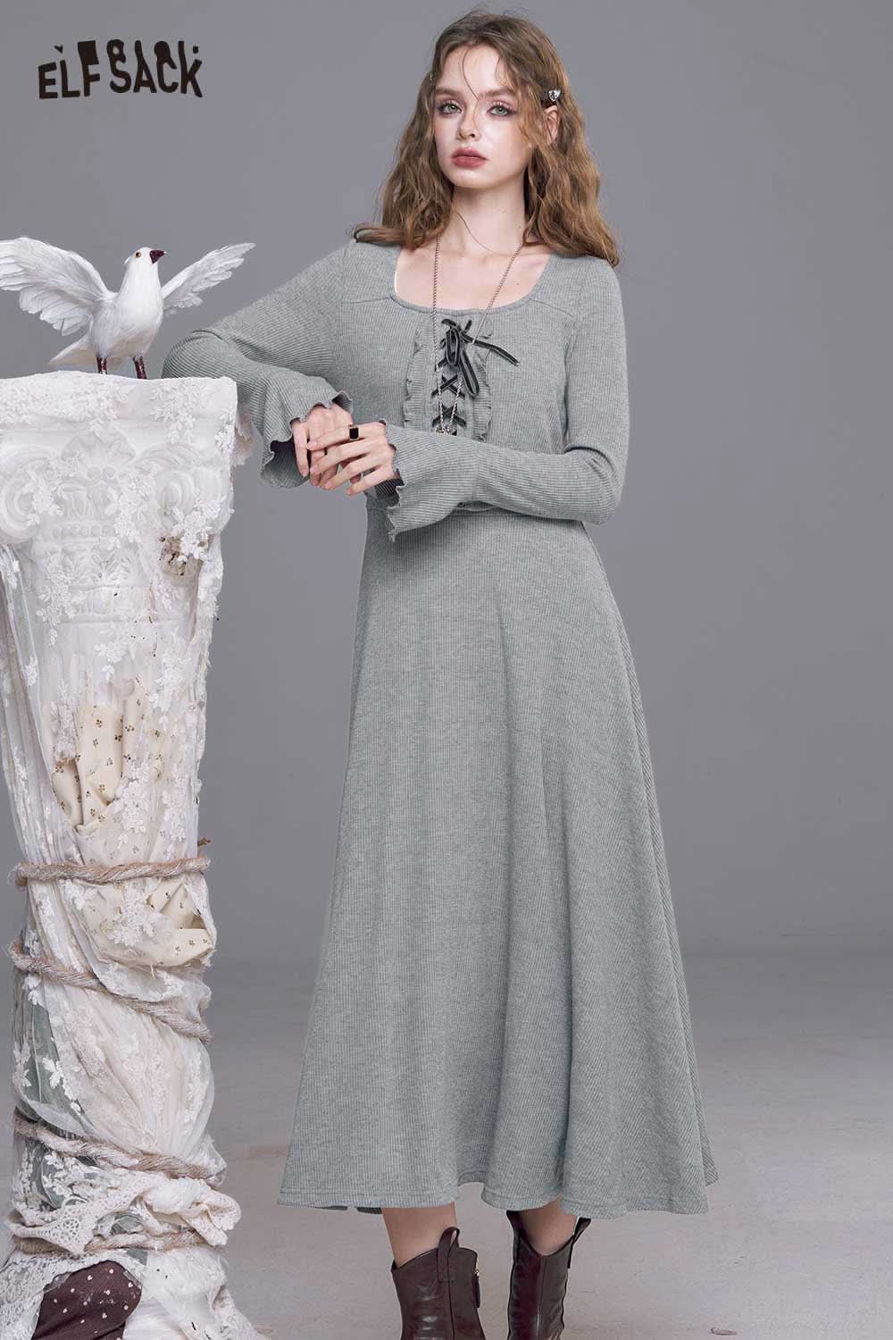 ELFSACK cotton blend square neckline maxi dress in gray with flared sleeves and lace-up detail