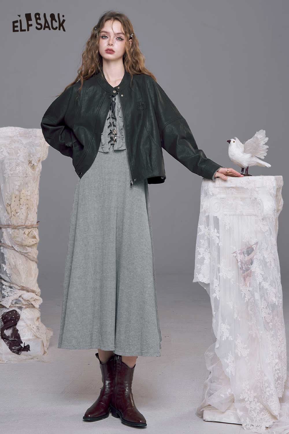 ELFSACK cotton blend square neckline maxi dress in gray paired with a black bomber jacket