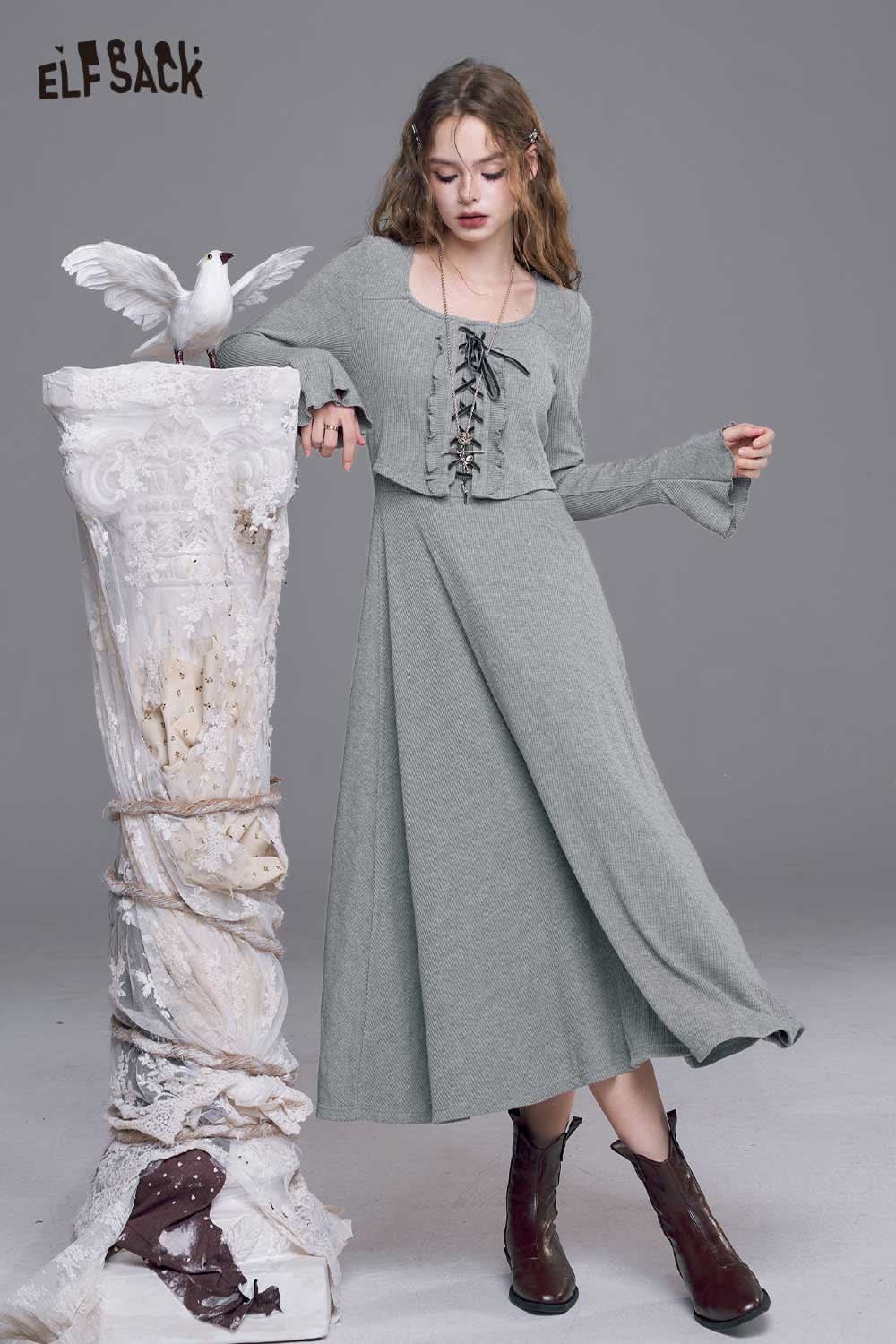 ELFSACK cotton blend square neckline maxi dress in gray with bell sleeves and lace-up detail