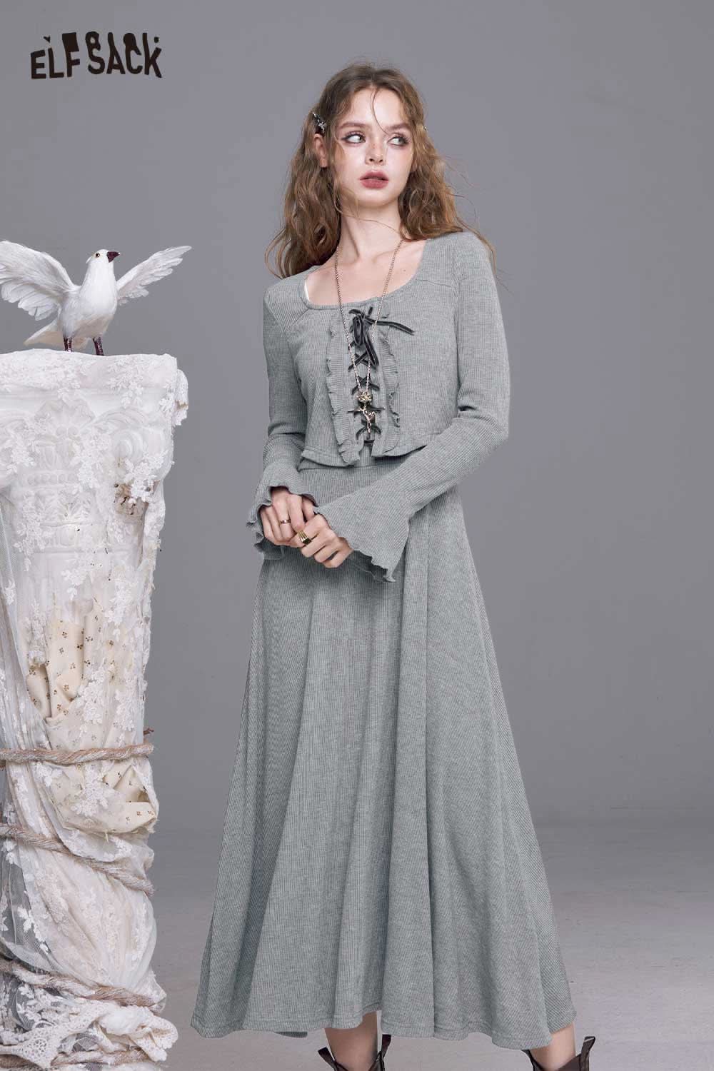 ELFSACK cotton blend square neckline maxi dress in light gray with long sleeves and ruffle details