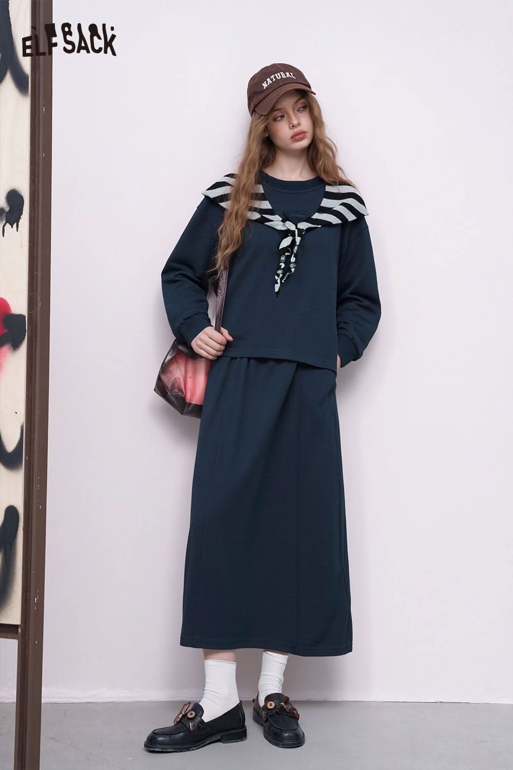 ELFSACK Cotton Blend Two-Piece Set for Women featuring a stylish top and long skirt