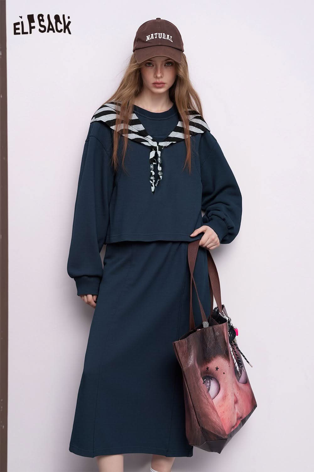 ELFSACK cotton blend two-piece set for women featuring a stylish cropped top and ankle-length skirt