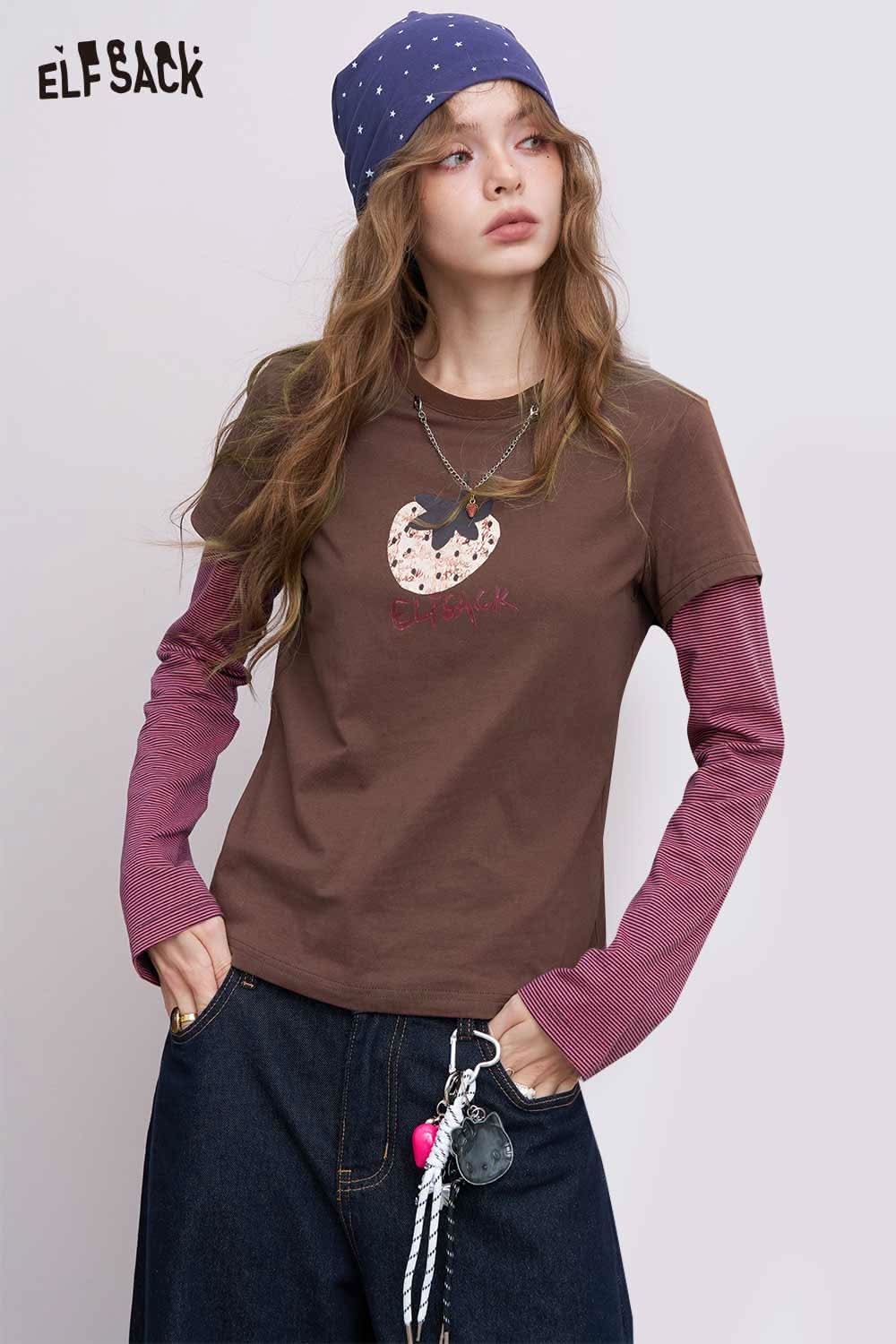 ELFSACK women's fruit print cotton tee in brown layered over purple long sleeve top with jeans