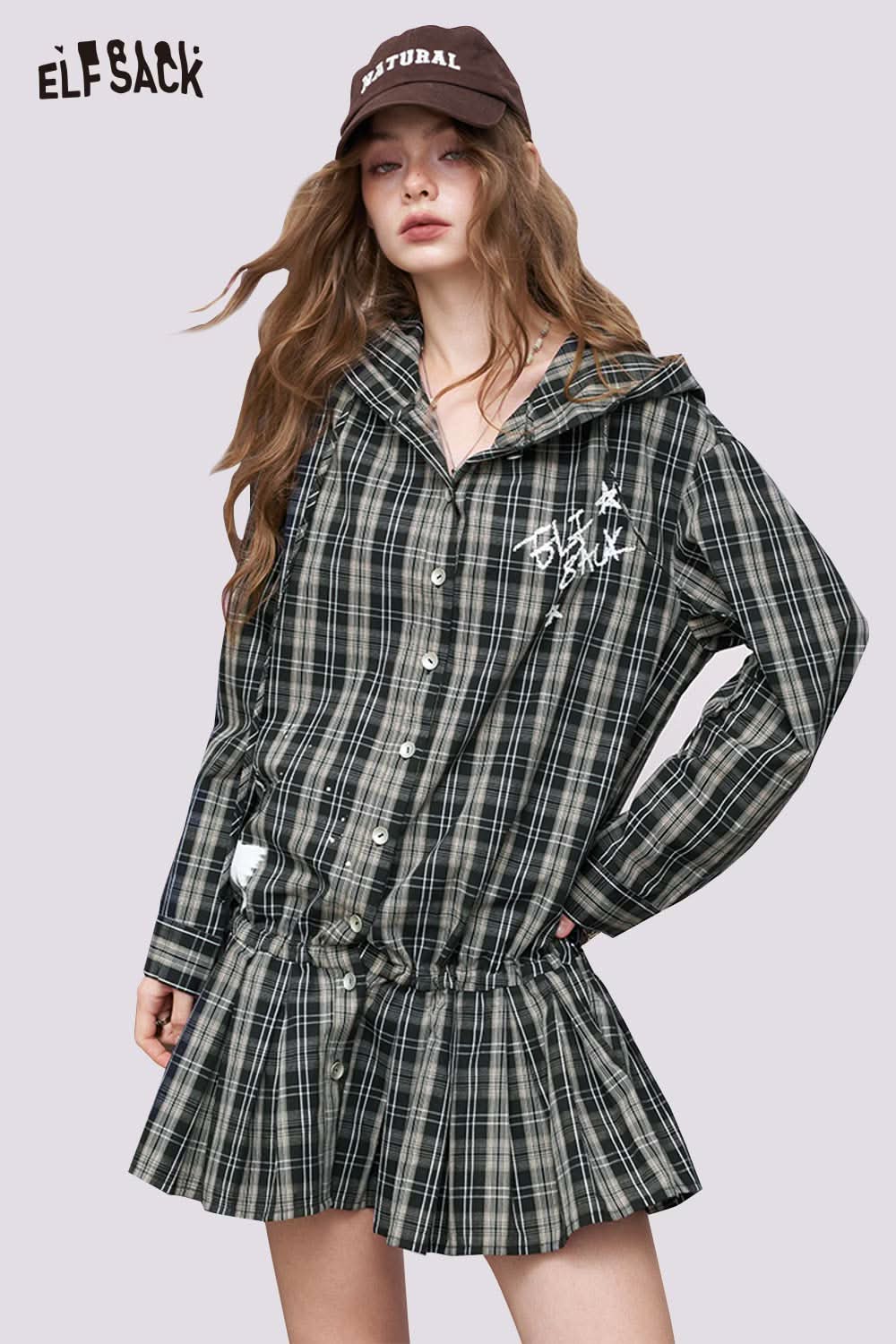ELFSACK women's plaid shirt dress with hood button front drawstring waist and pleated skirt in gray plaid