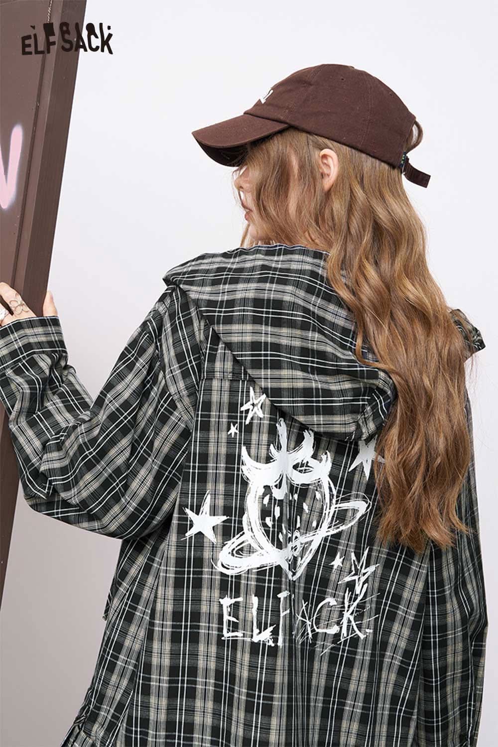 ELFSACK women's plaid shirt dress with hood and white celestial back print oversized fit worn with cap