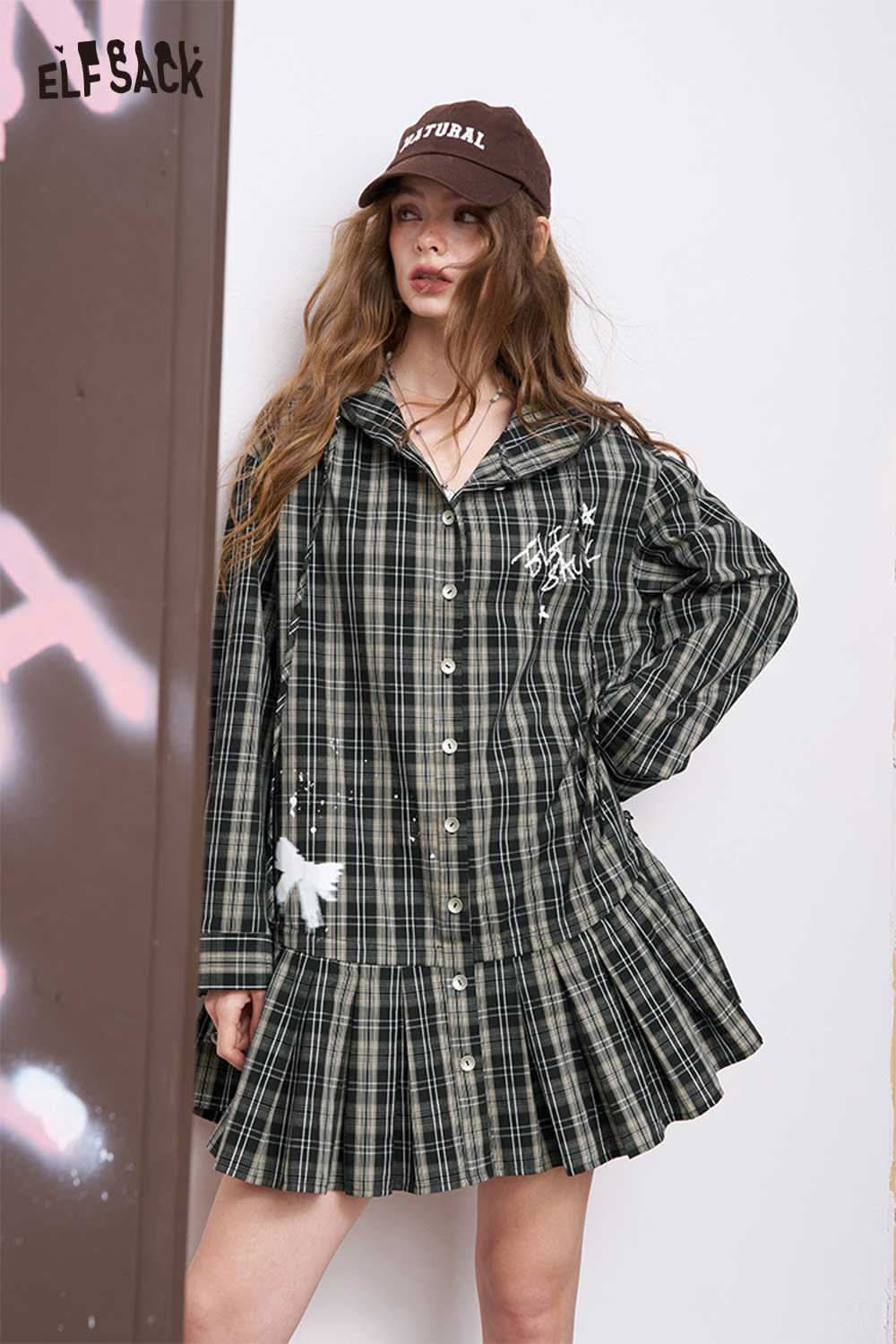 ELFSACK women's plaid shirt dress green and black button up long sleeve oversized with pleated skirt