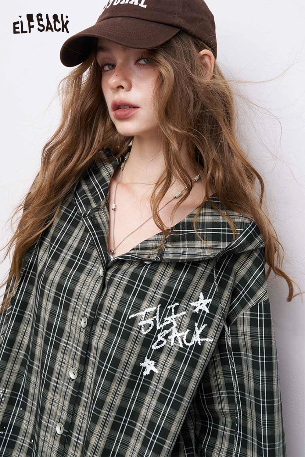 ELFSACK women's plaid shirt dress oversized green black plaid with embroidered logo open collar and brown cap styling