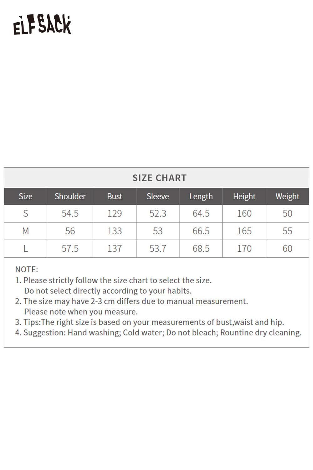 Size chart for ELFSACK vintage splicing crew neck sweatshirt with measurements for S, M, and L sizes