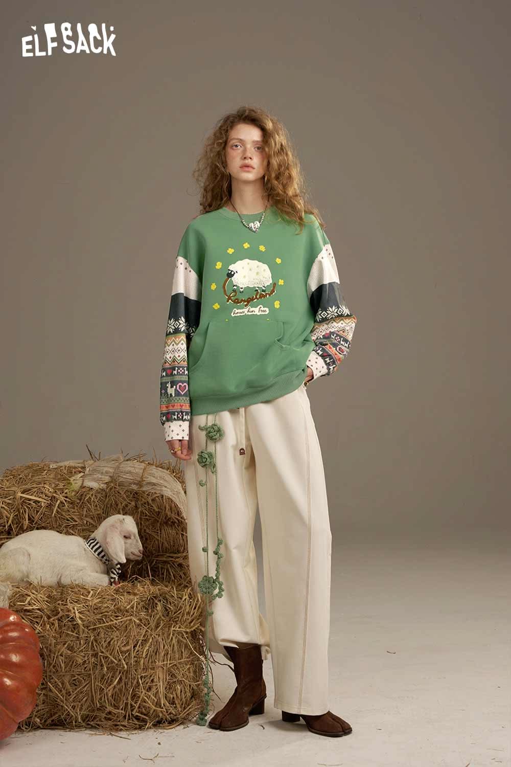 ELFSACK vintage splicing crew neck sweatshirt in green with colorful patterned sleeves and graphic design