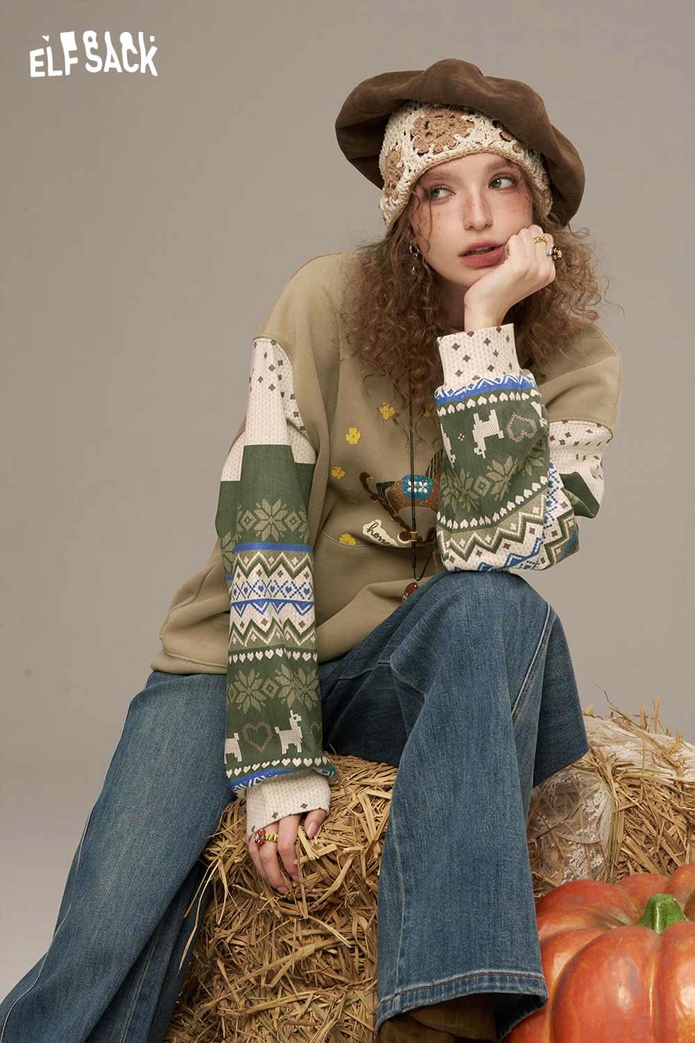 ELFSACK vintage splicing crew neck sweatshirt featuring unique patterns and comfortable fit