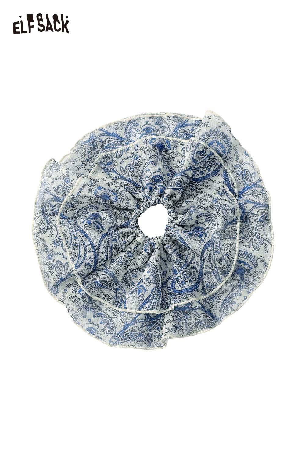 ELFSACK bohemian paisley hair tie in blue and white ruffled fabric scrunchie with elastic center