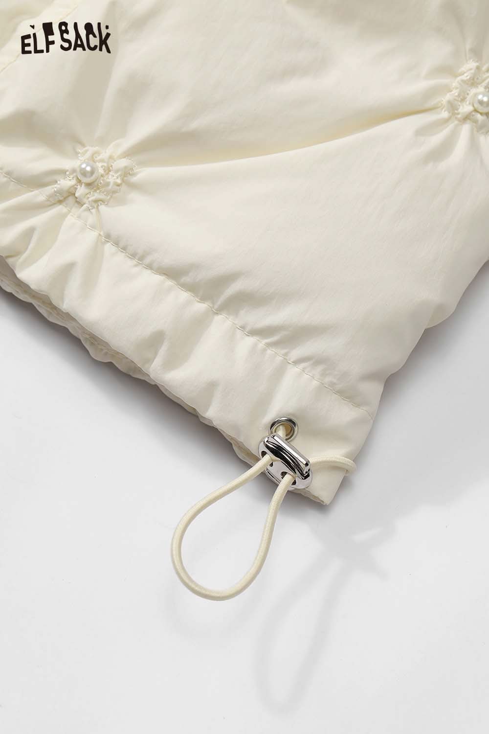 ELFSACK cream quilted mid-length jacket with decorative pearl accents for a stylish look