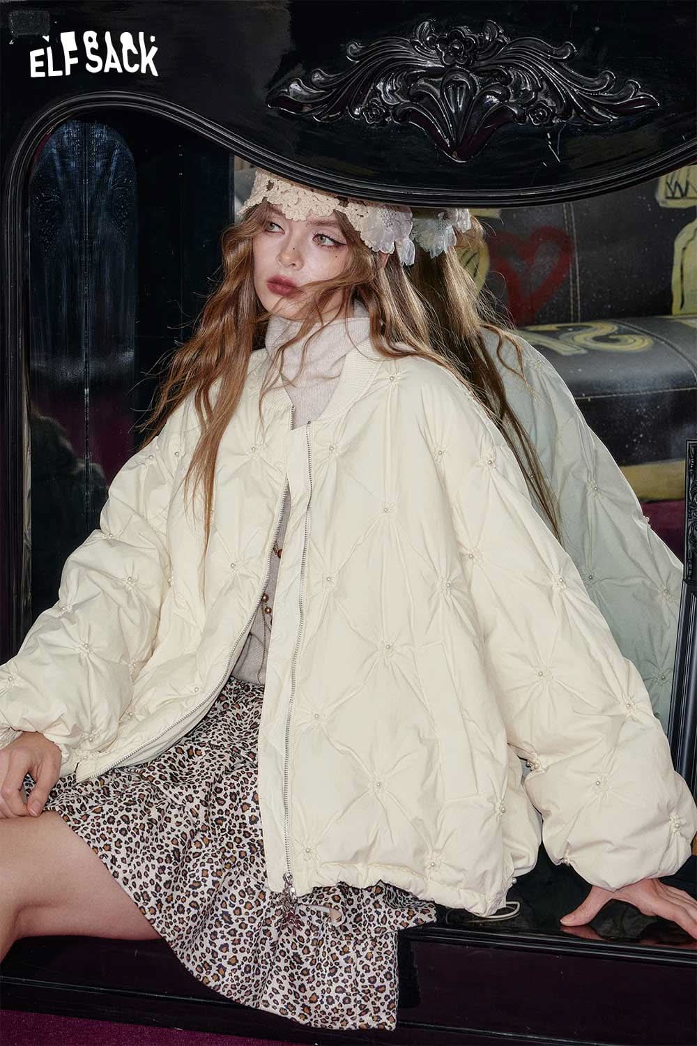 ELFSACK cream quilted mid-length jacket for stylish and warm winter fashion