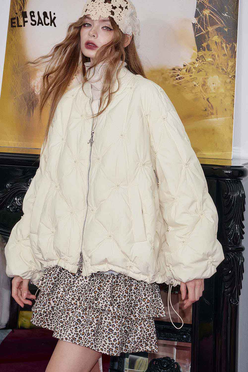 ELFSACK cream quilted mid-length jacket with oversized fit for stylish winter warmth