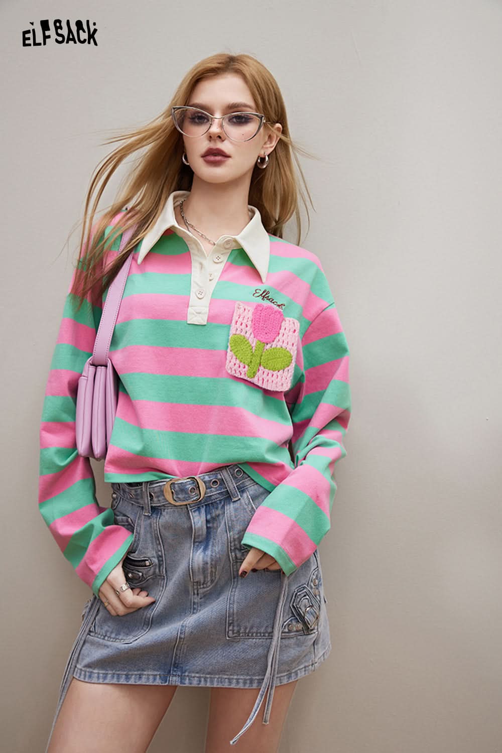 ELFSACK Croche Flower Striped long sleeve polo t-shirt with pink and green stripes and crochet flower pocket