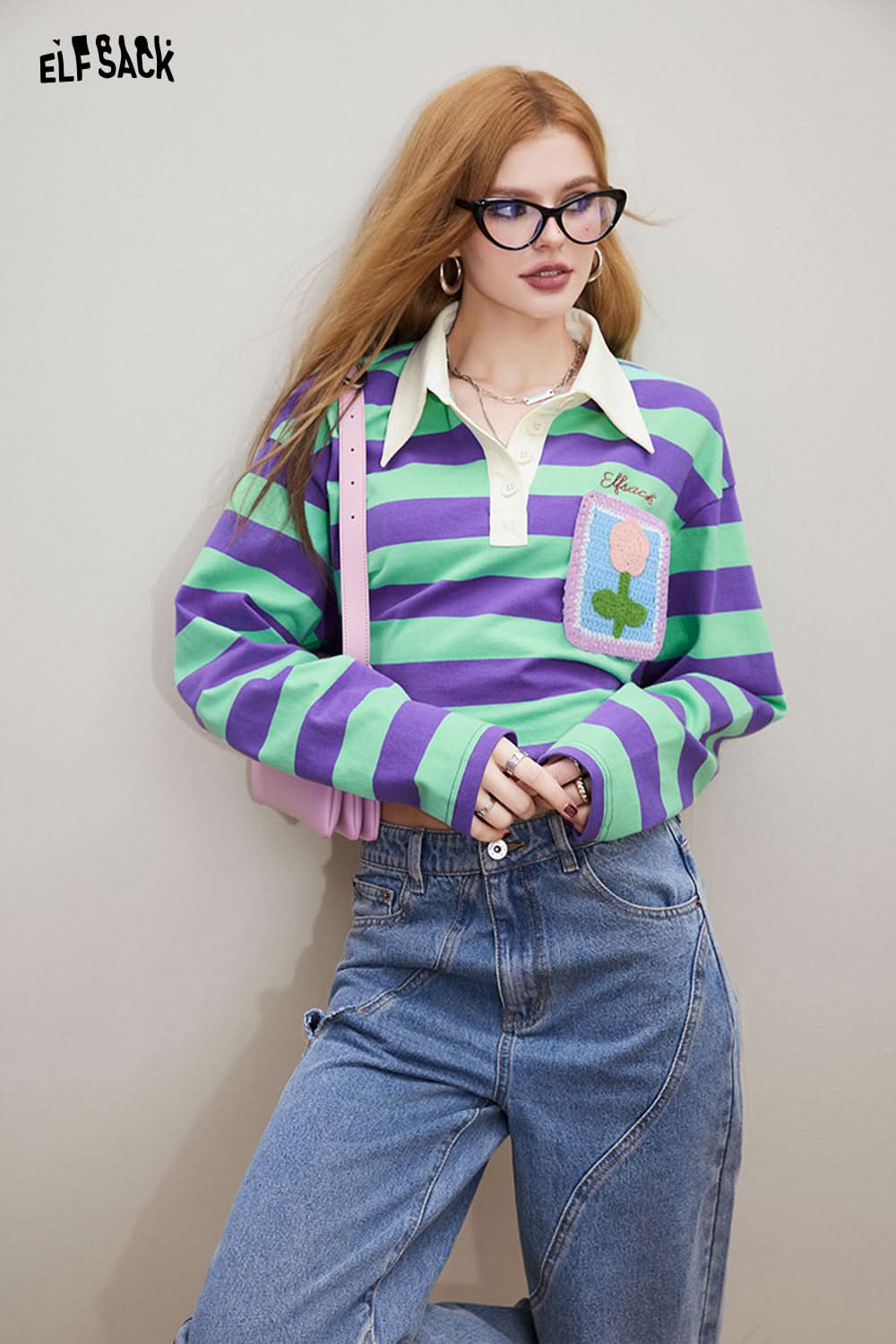 ELFSACK Croche Flower Striped long sleeve T-shirt with green and purple stripes and flower patch