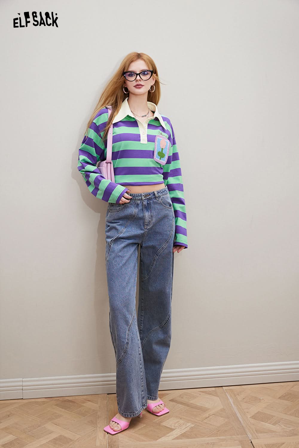 ELFSACK womens Croche Flower Striped long sleeve polo t-shirt in green and purple with collar