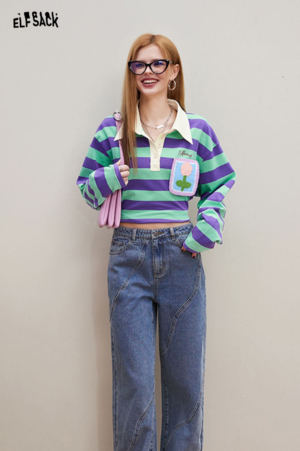 ELFSACK Croche Flower Striped long sleeve polo T-shirt with green and purple stripes and flower patch