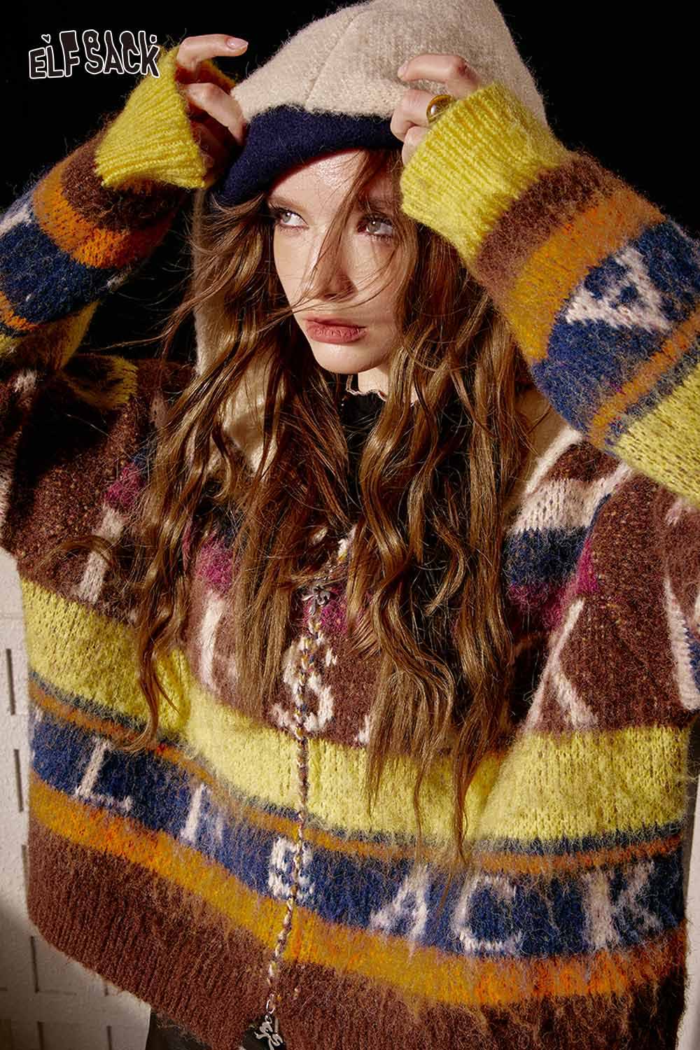 ELFSACK cropped knit sweater for women with colorful stripes and a cozy hood for stylish layering