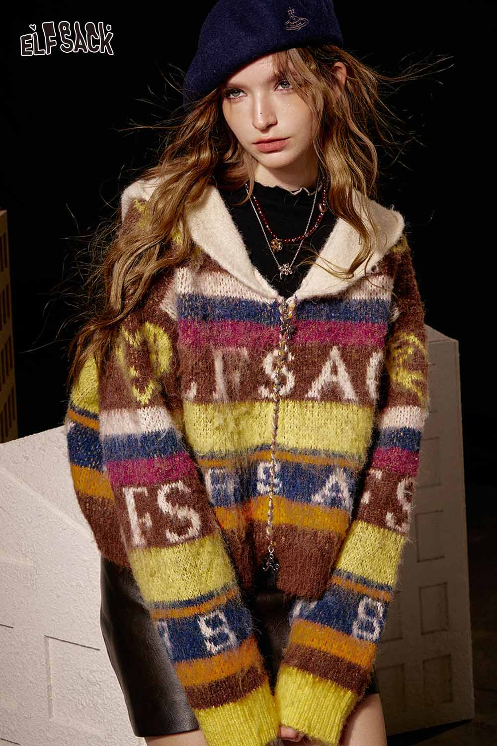 Multicolored ELFSACK cropped knit sweater for women with a unique striped design and hooded neckline